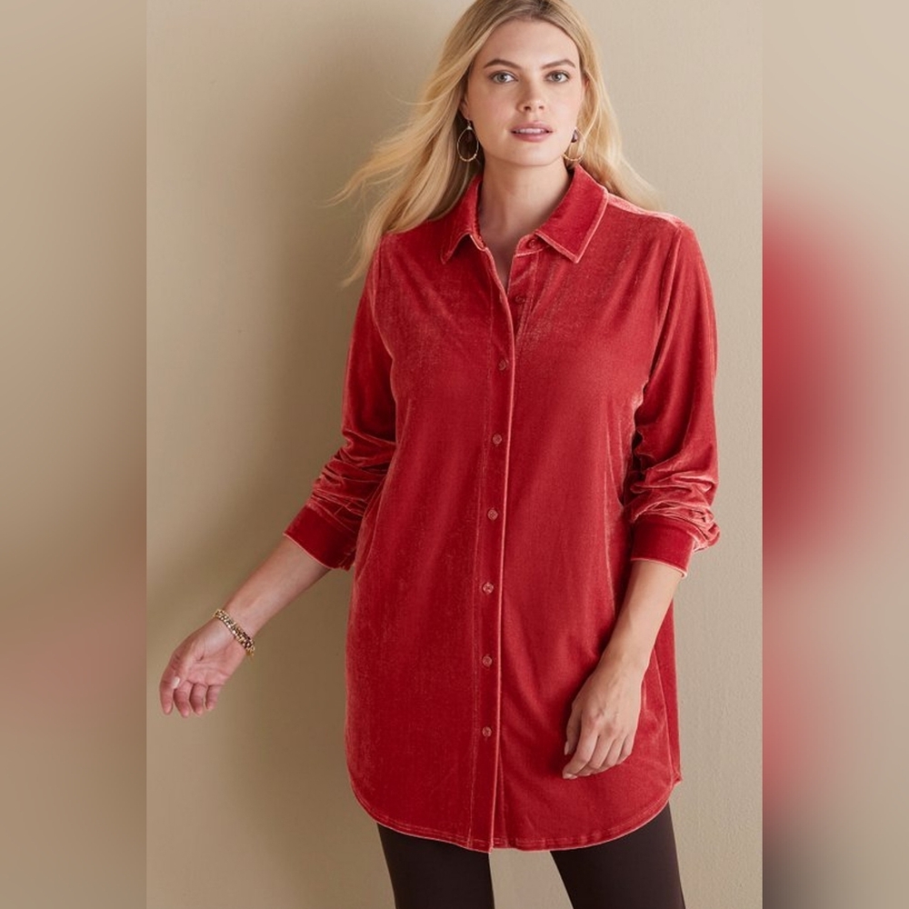 Soft Surroundings Velvet Boyfriend Tunic Shirt In Garnet Red Size M Holiday Boho